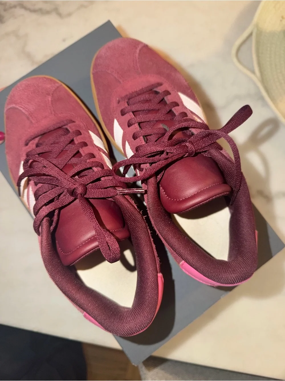 adidas court Women’s Burgundy Suede Platform Sneaker with Pink Heel